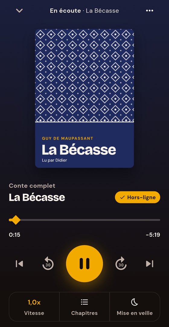 Le lecteur Bantoubook pendant l'écoute de La Bécasse de Guy de Maupassant, lue par Didier, avec la mention Hors-ligne.